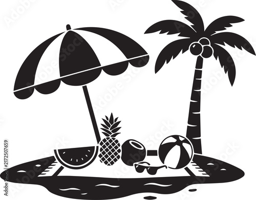 Summer holiday beach picnic silhouette with parasol and tropical accessories for seasonal promotion designs.