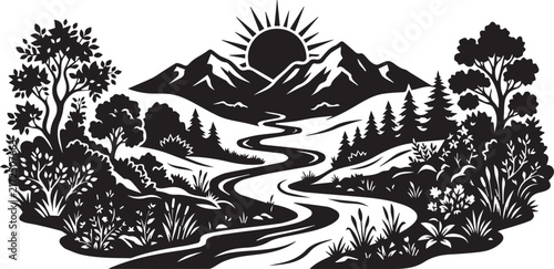 Sun rising behind mountain range with winding river landscape design for rustic wall art and home decor.