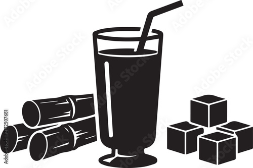 Tall glass of sugarcane juice with straw and sugar cubes depicts natural sweetener production and beverage.