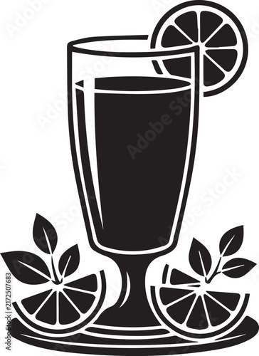 Tall glass of refreshing orange juice with citrus slice garnish mint leaves and fruit for summer beverage branding.