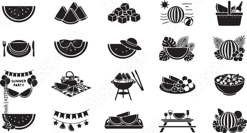 Watermelon summer party icon set in black outline silhouette style for festive designs and picnic concepts.