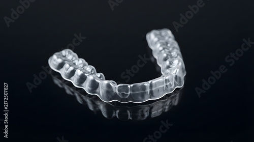 Obraz na płótnie Clear plastic dental aligner tray for teeth straightening and orthodontic correction resting on a smooth dark reflective surface