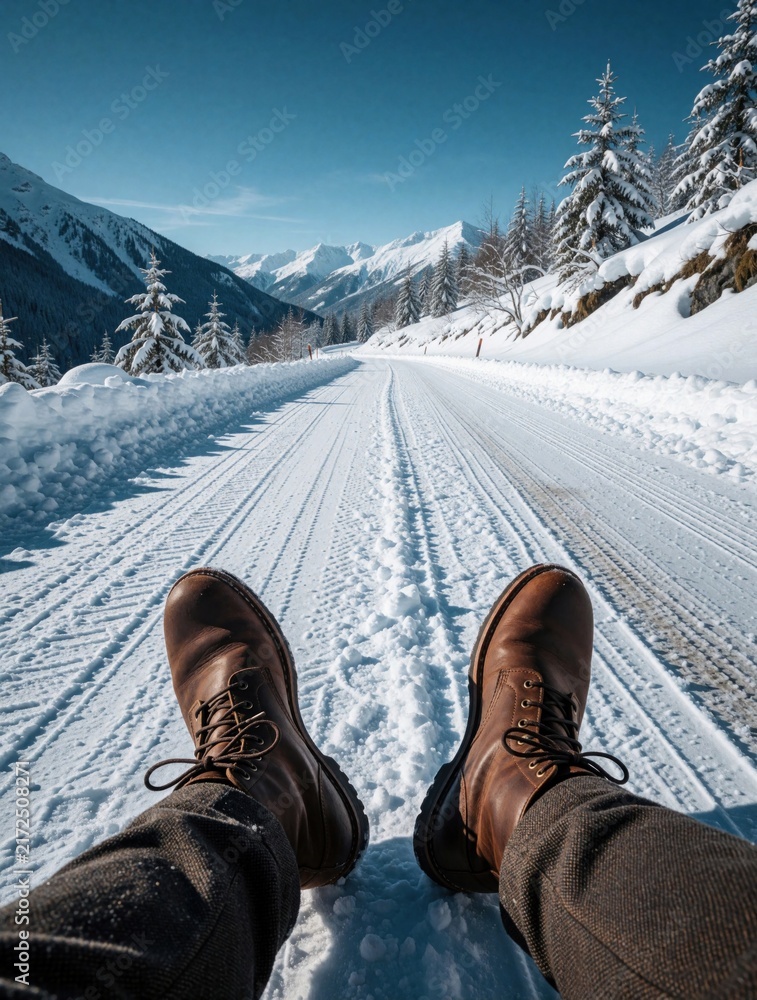 Obraz premium POV shot of mens brown leather boots walking on snowy road. Traveler explores winter mountain landscape under bright sun. Man stpic through frost on cold highway with pine trees, snowy peaks in