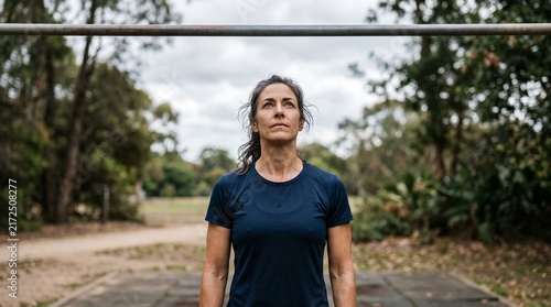 Active mature woman looking up at a pull-up bar with focus before training