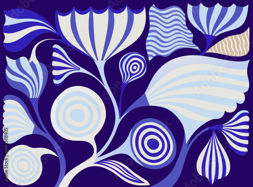 Decorative vector pattern background featuring deep blue and purple abstract floral elements with fine linework