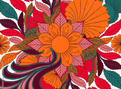 Decorative vector pattern background featuring warm orange and brown autumn floral motifs and rich textures