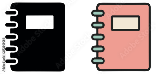 Set of two spiral bound notebooks with cover label in black and pastel pink color on transparent background