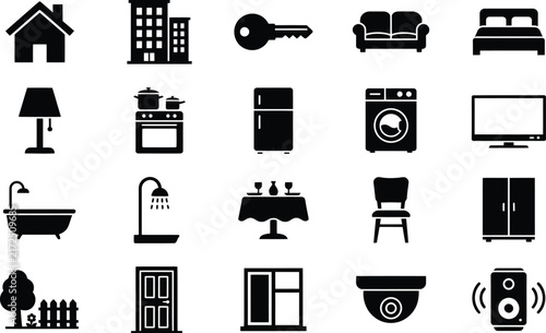 Home furniture icons collection displaying black silhouettes of domestic appliances interior decor and house.