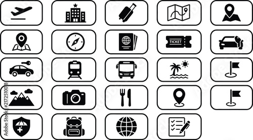 Travel journey icon set featuring tourist exploration elements for vacation planning itinerary map navigation aid.
