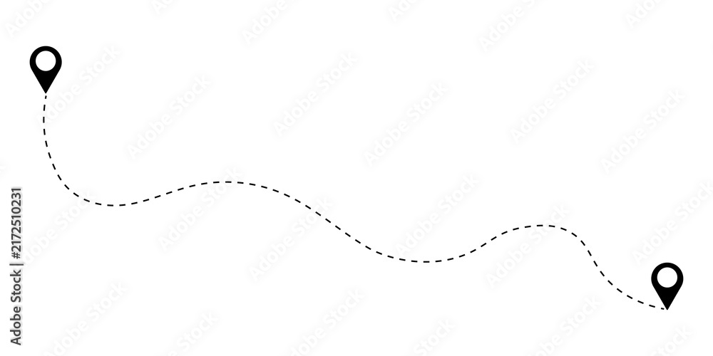 Fototapeta premium Black map pins connected by a wavy dotted line showing a travel route or path
