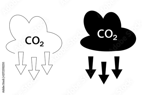 Canvastavla Black and white carbon dioxide co2 cloud emission icons with downward pointing a