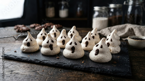 Ghost meringue cookies with chocolate faces on black slate board in rustic kitchen for spooky Halloween party