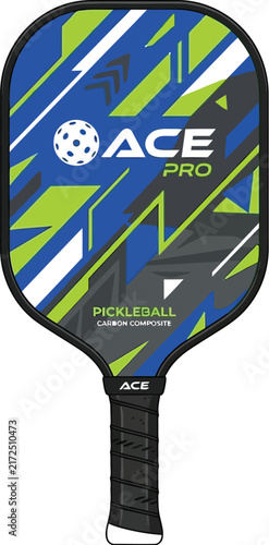 Sporty pickleball paddle featuring a vibrant geometric pattern and brand.