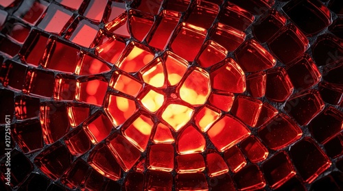 Abstract red glass mosaic with broken cracks. Bright light shines through shattered ruby tiles. Crimson texture shows fractured surface pattern with dark edges. Macro view of cracked crimson crystal