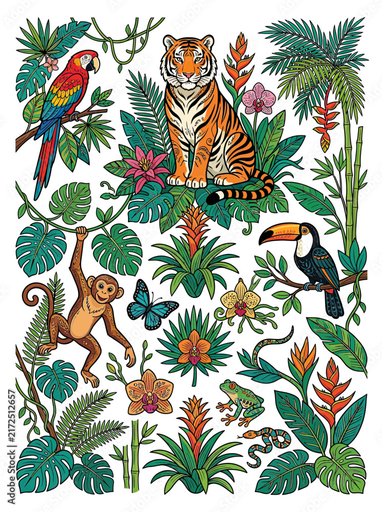 Obraz premium Jungle Wildlife and Tropical Plants, Vibrant Illustration