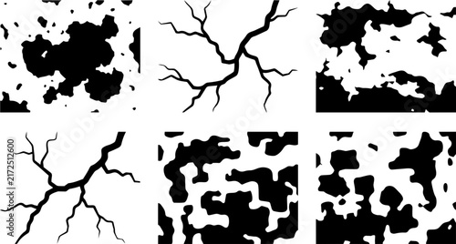 Vector graphic collection showing diverse black and white patterns of organic shapes and sharp cracked textures