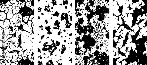 Black and white vector grunge textures featuring distressed cracked surfaces and weathered rough aged vintage patterns