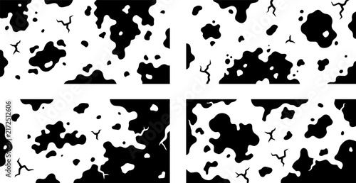 Abstract black and white vector illustration set featuring organic cow print patterns with cracked ground texture