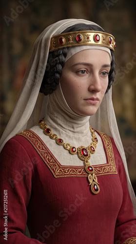 Medieval noblewoman portrait in historic attire with crown and ruby jewelry