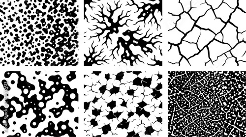 Abstract geometric seamless vector patterns featuring organic shapes and cracks in high contrast black white aesthetic