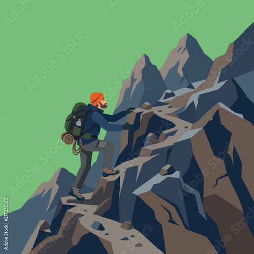 Hiker Climbing a Mountain Trail Flat Vector Illustration