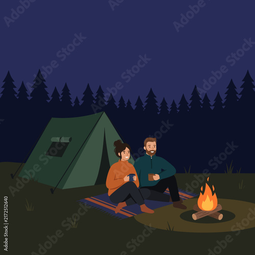 Friends Camping at Night with Tent and Campfire Flat Vector Illustration