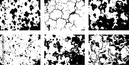 Distressed black and white vector graphic textures featuring various rough worn patterns for modern digital design