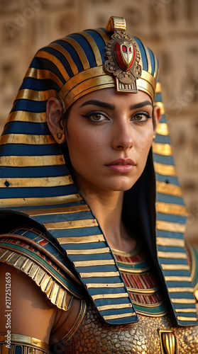 Stunning portrait of an Egyptian queen in golden pharaoh headdress and royal regalia