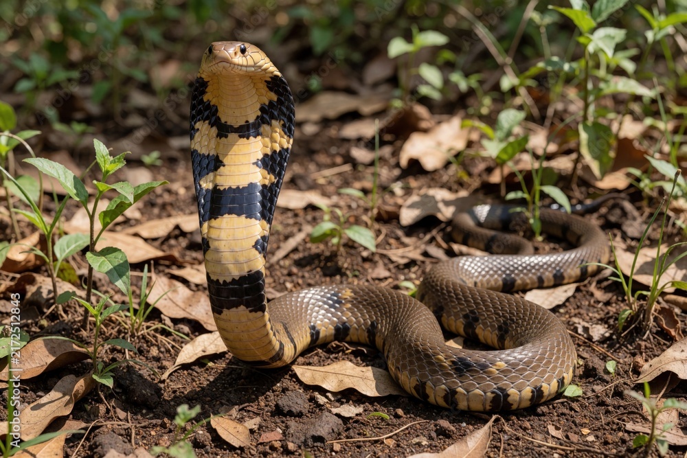 Obraz premium King cobra snake rises from dry ground with expanded hood in forest. Dangerous reptile looks forward crawling through leaves, grass. Wild venomous serpent shows warning pose in tropical jungle