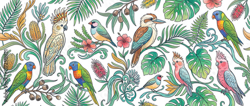 Fotografie Exotic Birds and Tropical Foliage Pattern Illustration