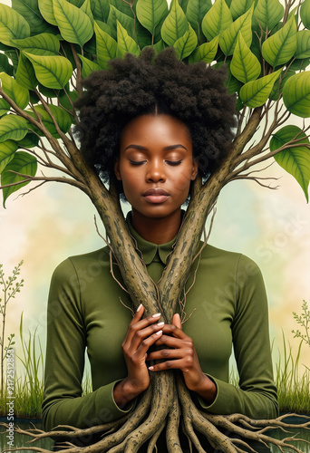 Black woman merging with a tree concept of nature connection and spiritual growth