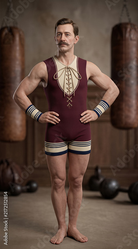Vintage strongman in 19th century boxing costume with mustache in historic gym