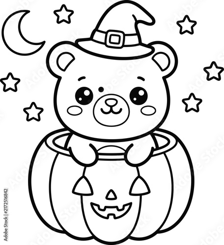 Cute cartoon bear wearing a witch hat sitting inside a carved jack o lantern pumpkin for halloween