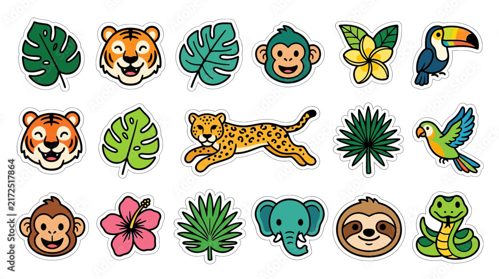Naklejka premium Cute Jungle Animals and Tropical Leaves Sticker Set
