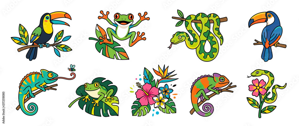 Naklejka premium Cartoon Tropical Animals and Plants Collection Isolated