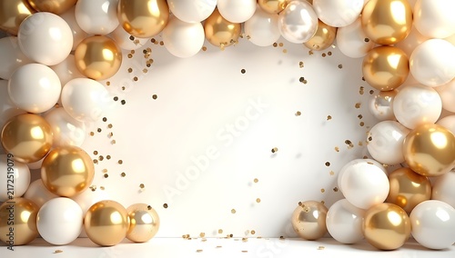 Shiny gold and white balloons frame with decorative confetti for a festive party celebration