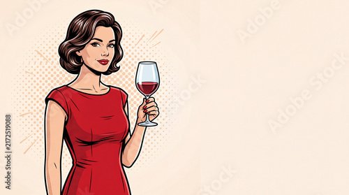 Pop art illustration of a woman in a red dress holding a glass of wine
