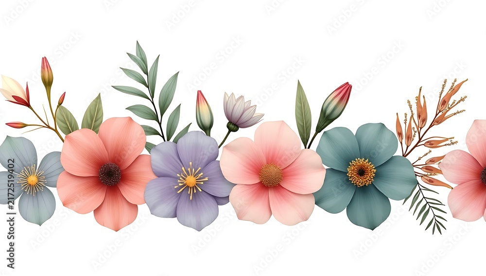 Obraz premium Beautiful watercolor flower border with colorful blooming petals and green leaves design