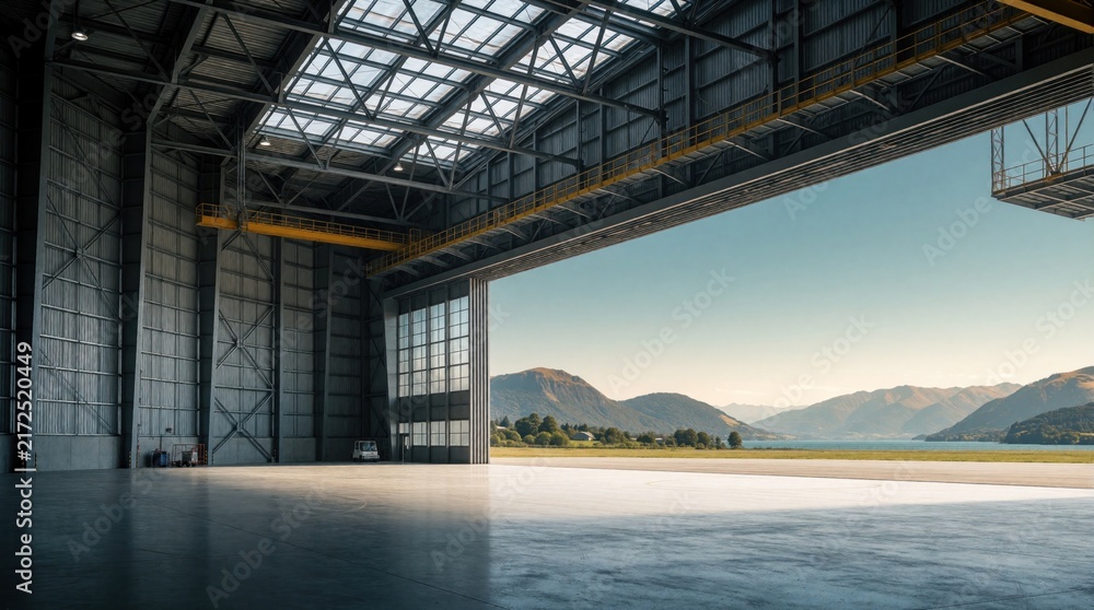 Obraz premium Empty airplane hangar with open doors reveals landscape of lake mountains and clear sky. Industrial metal structure facility overlooks natural scenic view.