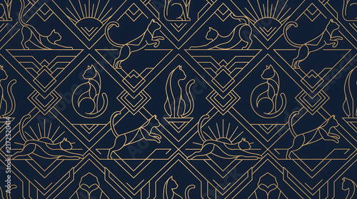 Abstract Geometric Cat and Nature Art Deco Seamless Pattern