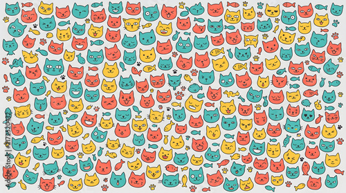 Colorful Cute Cat Faces and Heads Seamless Vector Pattern