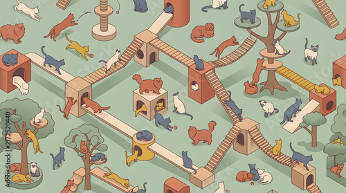 Isometric Cat Playground and Activity Center Vector Illustration Pattern