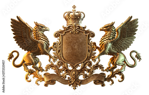 Fotografía Golden heraldic griffin crest with crown shield emblem and ornamental supporters isolated on transparent PNG background