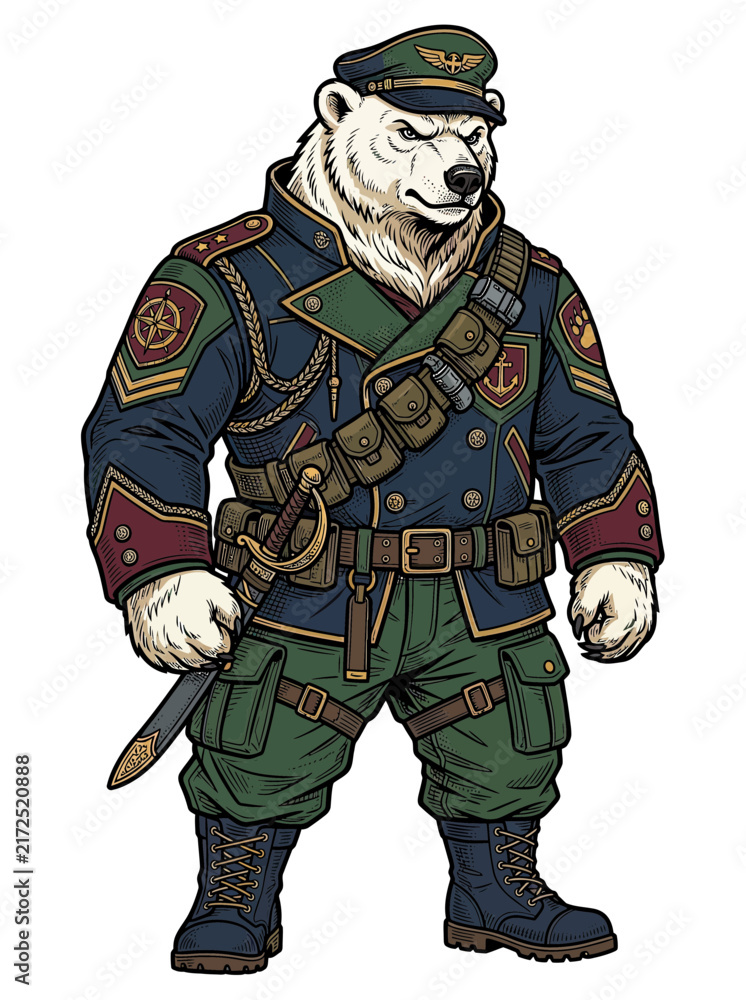 Naklejka premium Anthropomorphic Polar Bear Soldier in Military Uniform