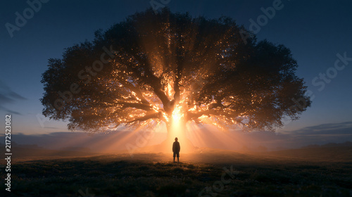 Silhouette of Person Standing Before Glowing Tree of Life