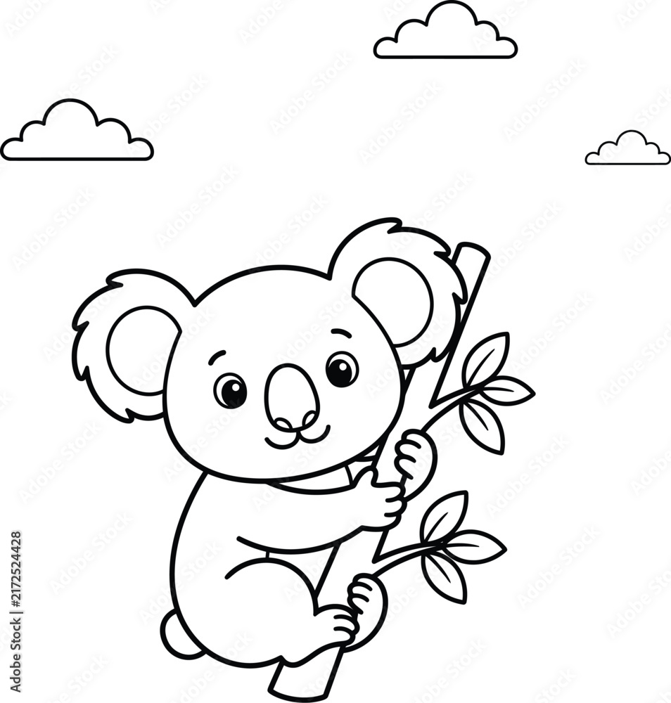 Obraz premium Cute cartoon koala bear holding a branch for children coloring book page line art illustration