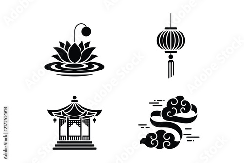 Traditional asian cultural elements including lotus flower lantern pagoda