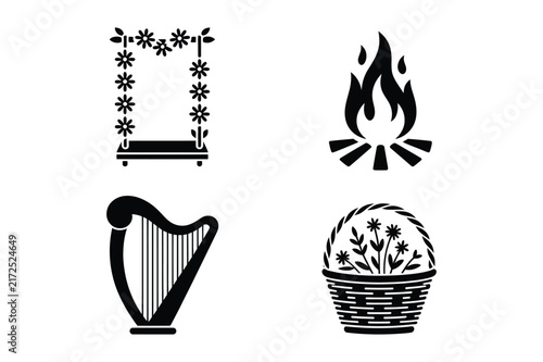 Midsummer ritual symbols including floral frame campfire harp and flower basket