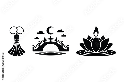 Asian cultural symbols featuring tassel bridge moon and lotus flower candle