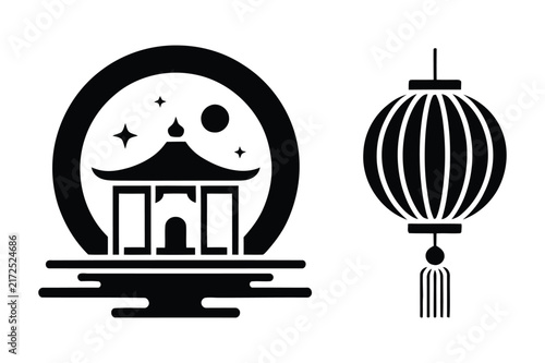 Asian architecture pagoda inside circle with stars and hanging lantern